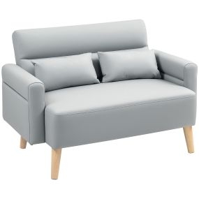 Sofá de 2 Plazas Tapizado en Cuero Sintético Sofá de Salón de 117 cm con Reposabrazos Acolchado Grueso Respaldo Acanalado y Patas de Madera para Dormitorio Sala de Estar Gris