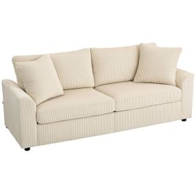 Sofá de 3 Plazas Sofá de Salón 212x80x88 cm Tapizado en Pana con 2 Almohadas Reposabrazos y Cojín de Muelles Diseño Moderno para Sala de Estar Dormitorio Crema