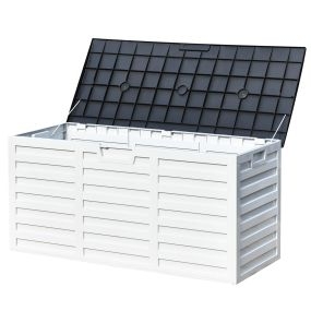 Baúl de Almacenamiento Exterior 260L con Asas y Ruedas Incorporados Ojos de candado Arcón para Patio Jardín Piscina 112x49x53,5 cm Blanco