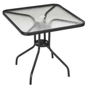 Mesa de Jardín Cuadrada Mesa de Comedor Exterior 76x76x72 cm con Agujero para Sombrilla y Encimera de Vidrio Templado para Patio Terraza Negro