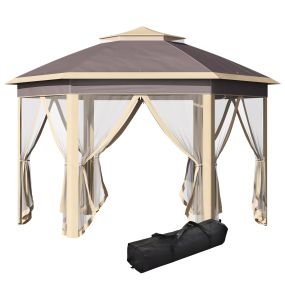 Carpa Plegable 4x3,4x2,85 m Altura Ajustable Cenador de Jardín Hexagonal con Doble Techo Mosquiteras Extraíbles y Bolsa de Transporte Impermeable Gazebo para Exterior Fiestas Beige