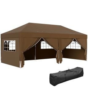 Carpa Plegable Gazebo 6x3 m Cenador Plegable con 6 Paredes Laterales Impermeable Anti-UV y Bolsa de Transporte Pabellón de Jardín para Camping Fiestas Café
