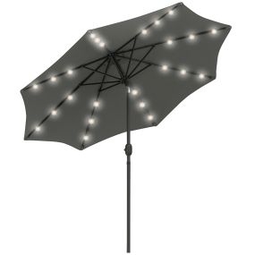 Sombrilla de Jardín Ø268x238 cm Parasol de Terraza con 24 Luces LED Solar Mecanismo de Inclinación Manivela y Poste Desmontable de Metal para Piscina Patio Gris