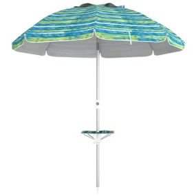 Sombrilla de Playa Ø190x215 cm Parasol para Terraza con Reclinación 45° Altura Ajustable Mesa con Portavasos Anti-UV Impermeable y Bolsa de Transporte para Jardín Piscina Multicolor