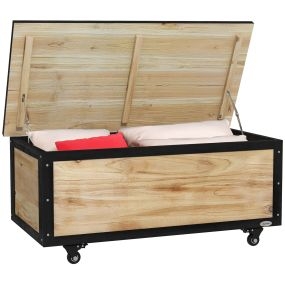 Baúl de Exterior 121L Arcón Almacenaje de Madera con 4 Ruedas para Jardín Patio Balcón 100x50x43 cm Natural y Negro