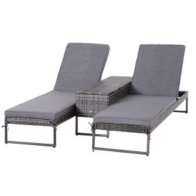 Conjunto de 2 Tumbonas de Jardín con Cojines Acolchados Ratán con Mesa Auxiliar para Piscina o Terraza Carga 160kg 195x60x86 cm Acero Gris