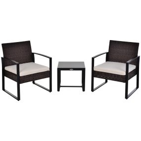 Conjunto de Mesa y Sillas de Jardín para Exterior Juego de 3 Piezas Sillas y Mesa de Ratán Incluye 2 Sillones y 1 Mesa de Centro de Vidrio Marrón
