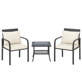 Conjunto de Jardín Exterior de 3 Piezas Muebles de Jardín con 2 Sillas con Cojines Extraíbles Lavables y Mesa Terraza con Estante Tablero de Vidrio Templado para Balcón Patio Marrón y Crema